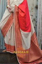 Bisque Cream and Red Woven Banarasi Silk Saree