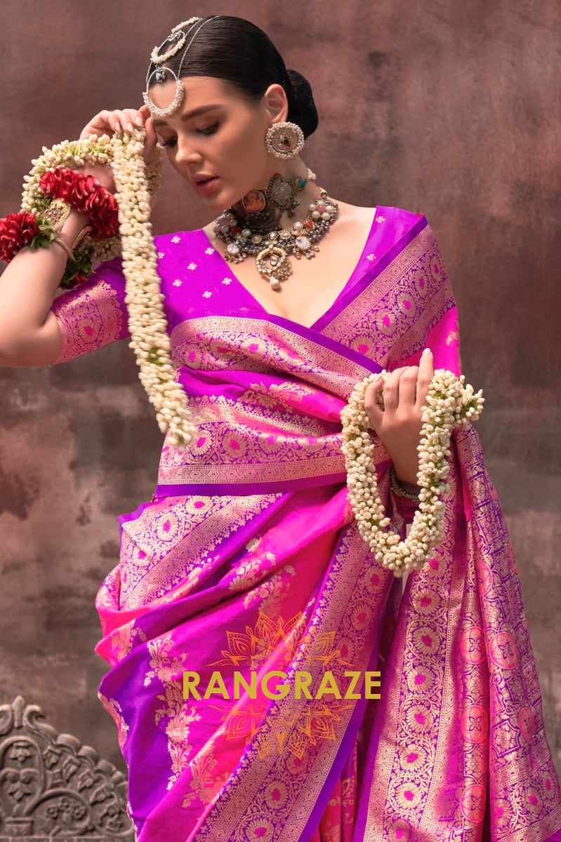 Bright Pink And Purple Woven Banarasi Silk Saree