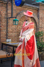 Bisque Cream and Red Woven Banarasi Silk Saree