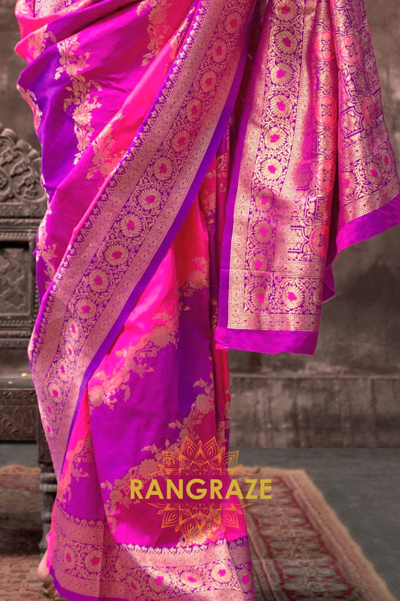 Bright Pink And Purple Woven Banarasi Silk Saree