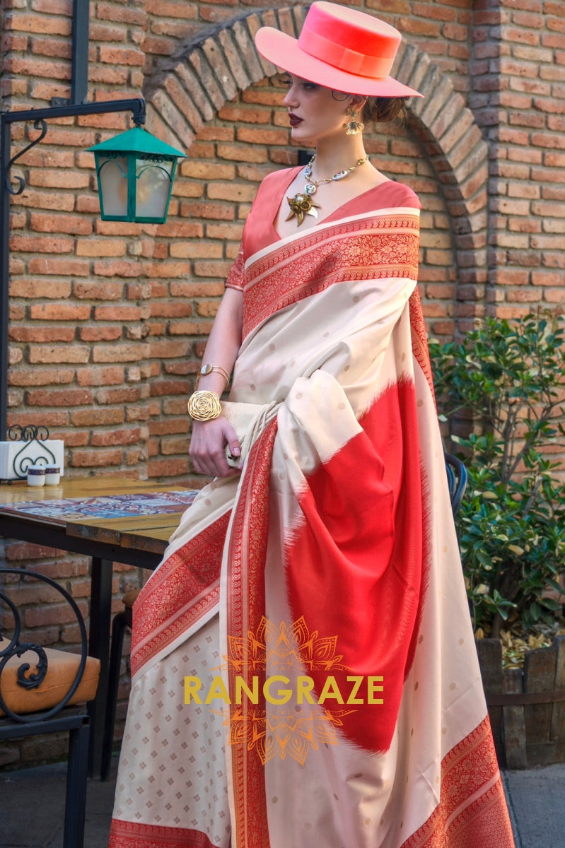 Bisque Cream and Red Woven Banarasi Silk Saree