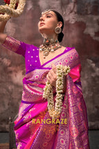 Bright Pink And Purple Woven Banarasi Silk Saree