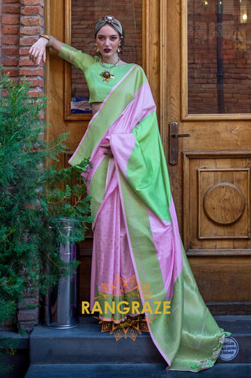 Lavender and Fern Green Woven Banarasi Silk Saree