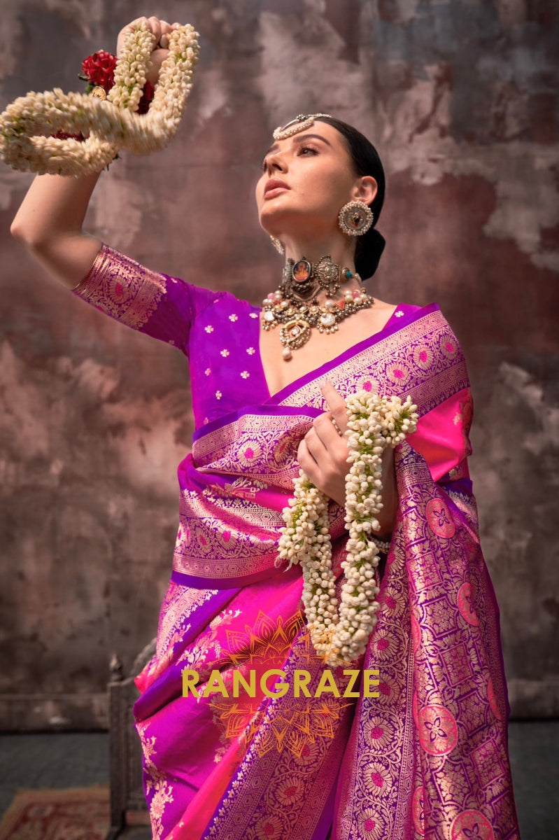 Bright Pink And Purple Woven Banarasi Silk Saree
