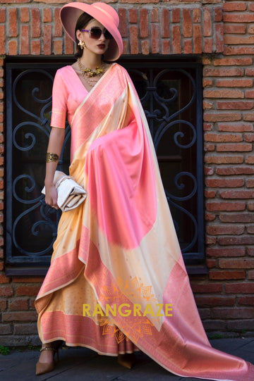 Golden Cream and Pink Woven Banarasi Silk Saree