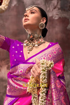 Bright Pink And Purple Woven Banarasi Silk Saree