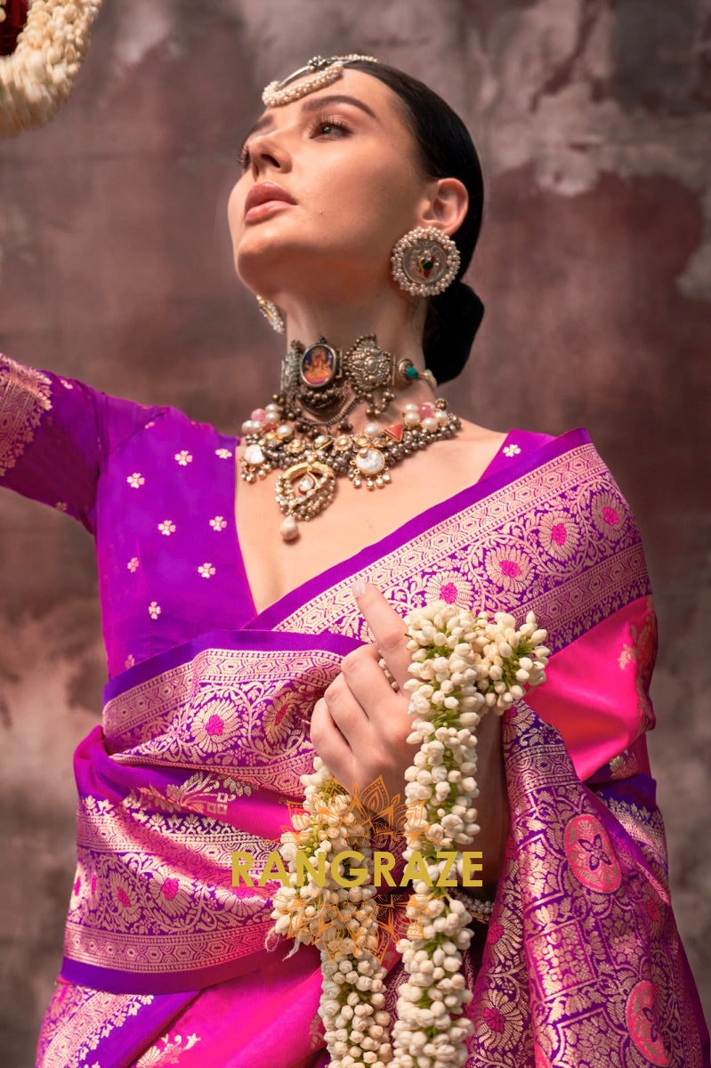 Bright Pink And Purple Woven Banarasi Silk Saree