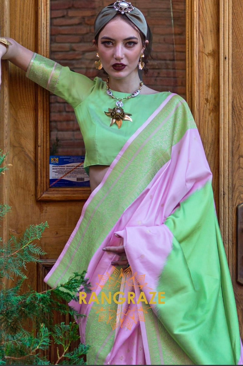 Lavender and Fern Green Woven Banarasi Silk Saree