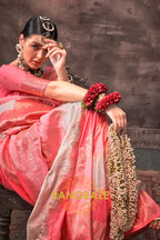 Peach Pink And Pearl White Woven Banarasi Silk Saree
