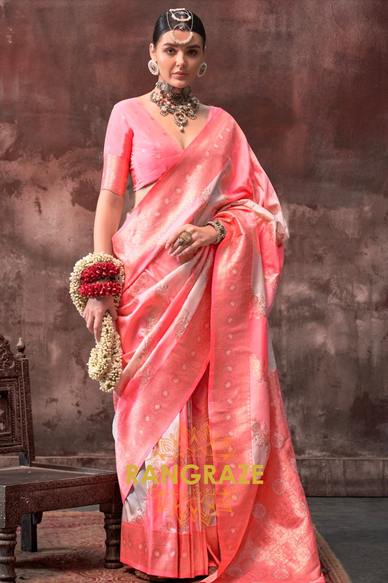 Peach Pink And Pearl White Woven Banarasi Silk Saree