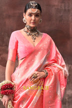 Peach Pink And Pearl White Woven Banarasi Silk Saree