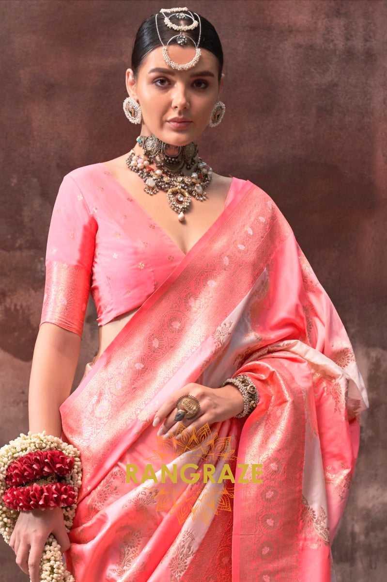 Peach Pink And Pearl White Woven Banarasi Silk Saree
