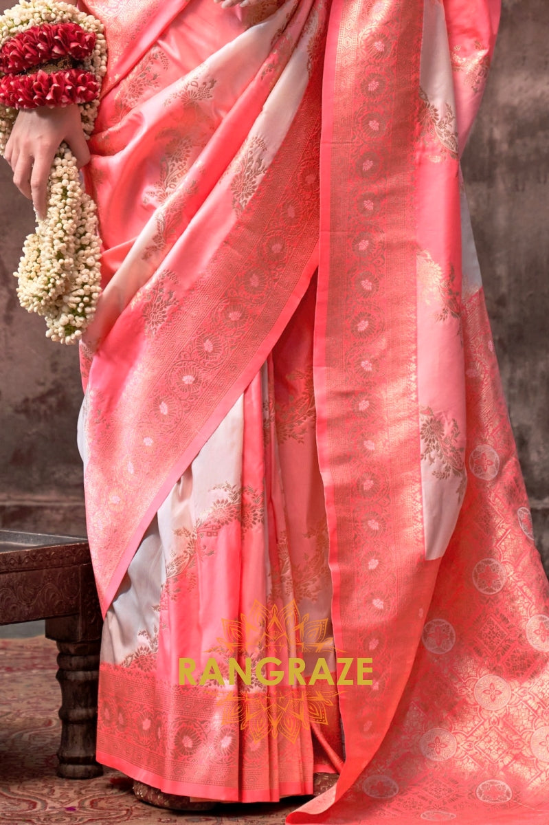 Peach Pink And Pearl White Woven Banarasi Silk Saree