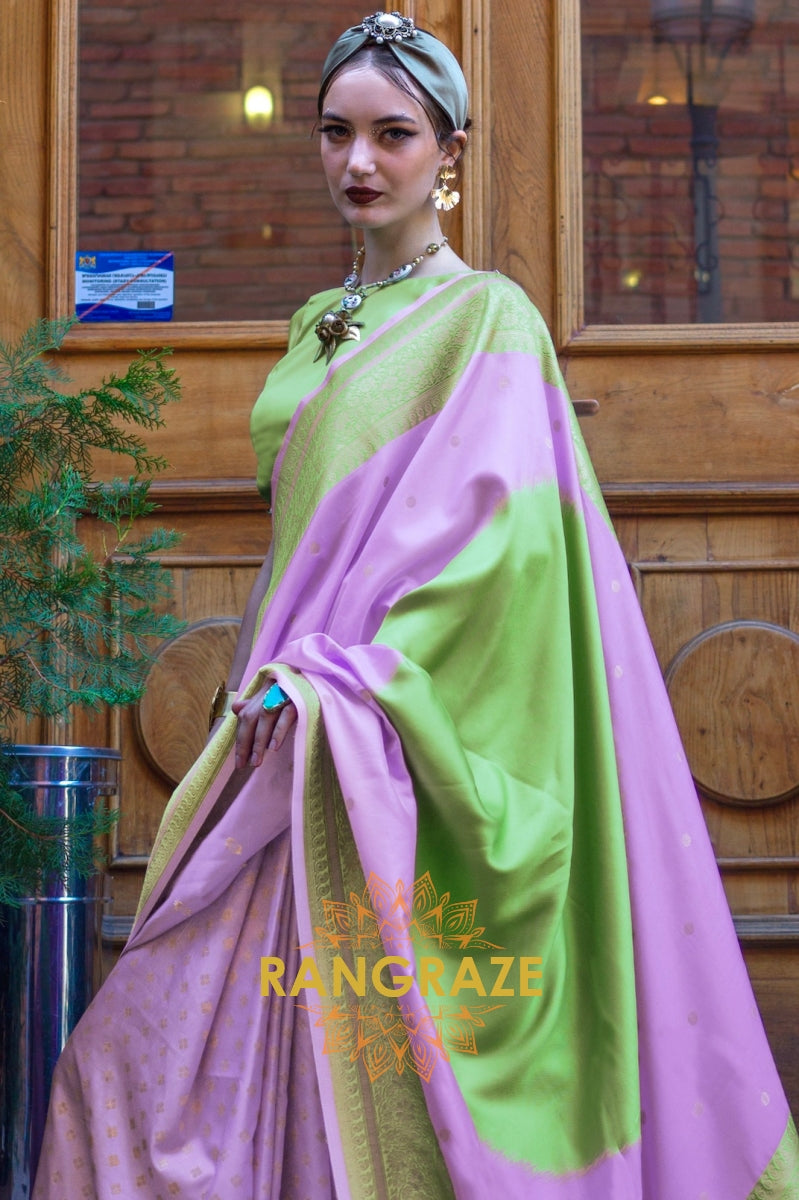 Lavender and Fern Green Woven Banarasi Silk Saree