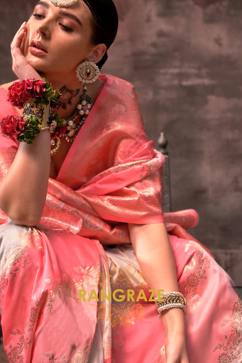 Peach Pink And Pearl White Woven Banarasi Silk Saree