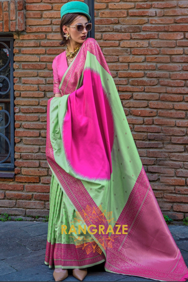 Pistachio Green and Pink Woven Banarasi Silk Saree