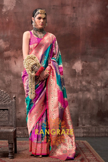 Rani Pink And Turquoise Blue Woven Banarasi Silk Saree