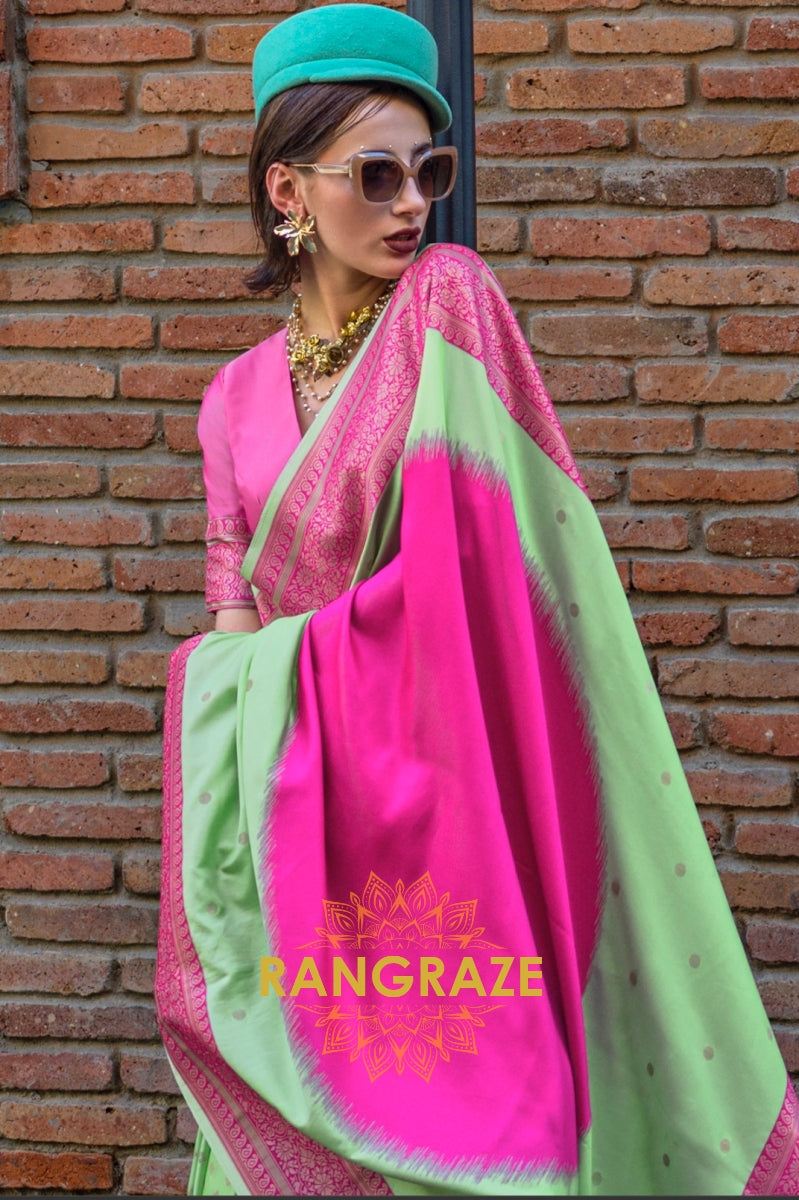 Pistachio Green and Pink Woven Banarasi Silk Saree