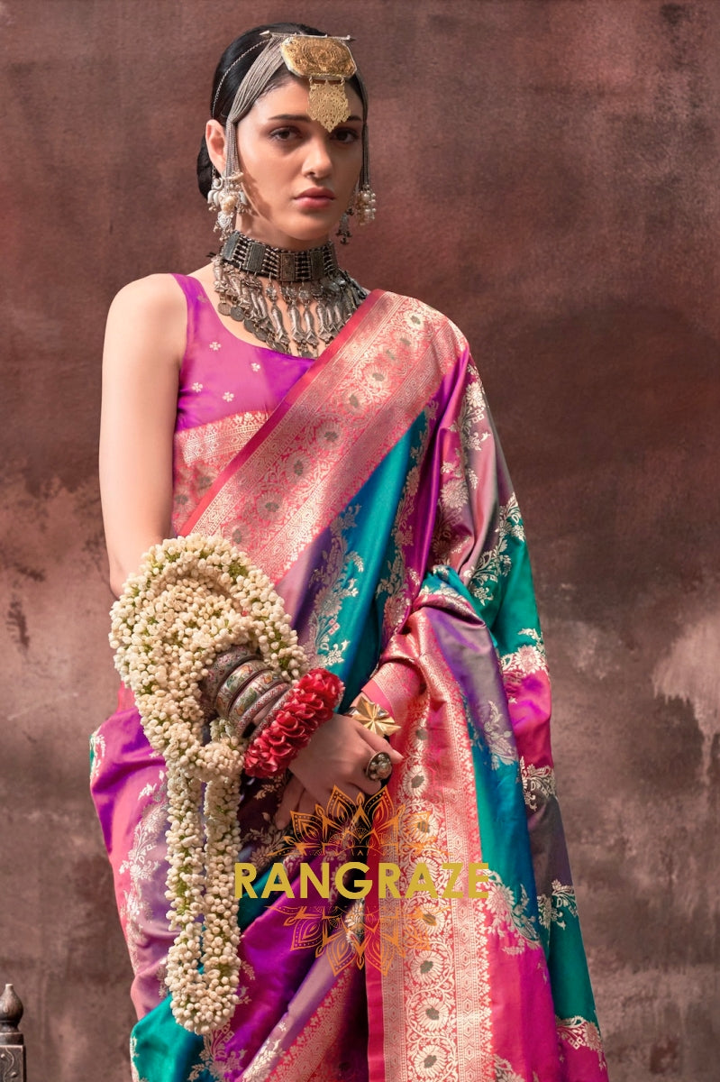 Rani Pink And Turquoise Blue Woven Banarasi Silk Saree