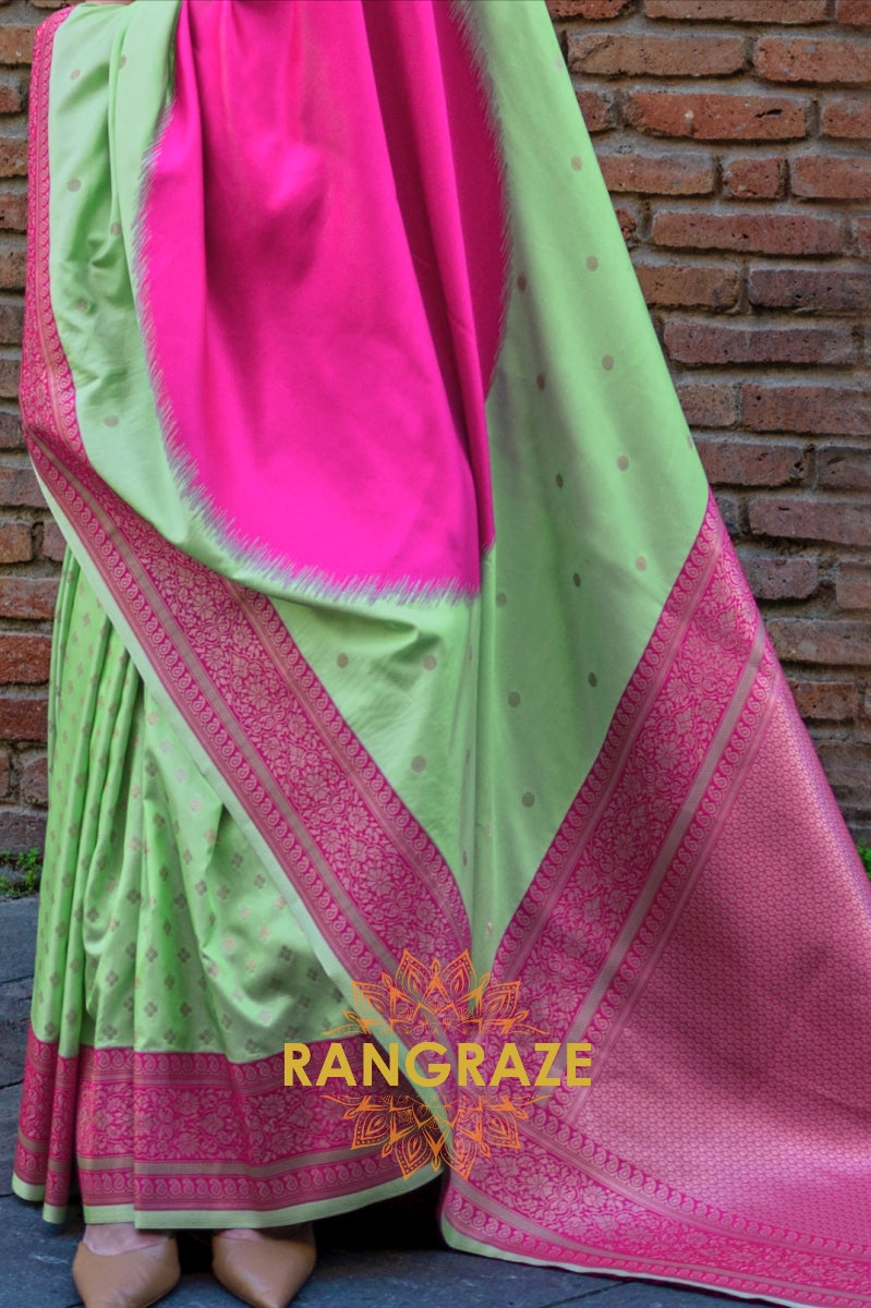 Pistachio Green and Pink Woven Banarasi Silk Saree