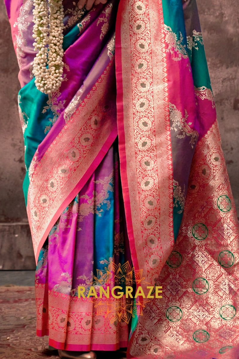Rani Pink And Turquoise Blue Woven Banarasi Silk Saree