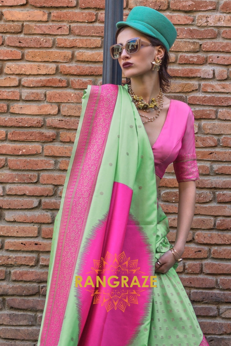 Pistachio Green and Pink Woven Banarasi Silk Saree