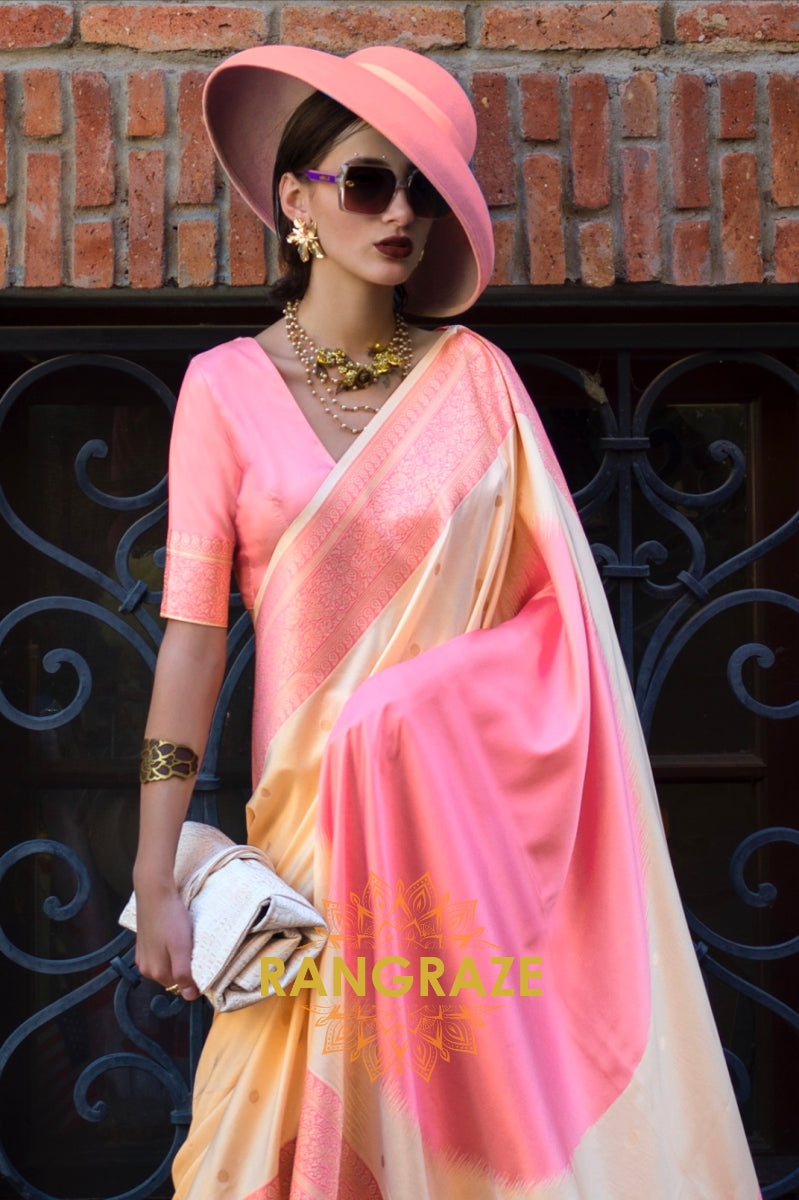 Golden Cream and Pink Woven Banarasi Silk Saree