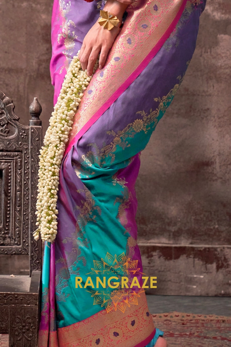 Teal Green And Purple Woven Banarasi Silk Saree