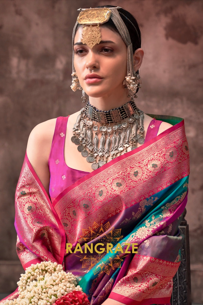 Rani Pink And Turquoise Blue Woven Banarasi Silk Saree