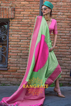 Pistachio Green and Pink Woven Banarasi Silk Saree