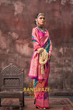 Rani Pink And Turquoise Blue Woven Banarasi Silk Saree
