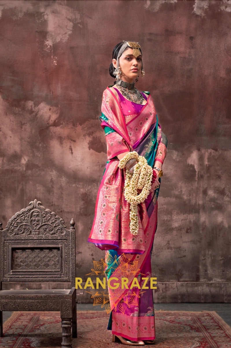 Rani Pink And Turquoise Blue Woven Banarasi Silk Saree
