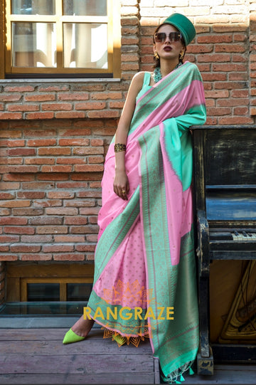 Blush Pink and Green Woven Banarasi Silk Saree