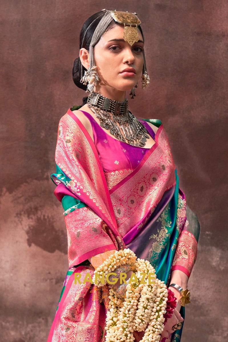 Rani Pink And Turquoise Blue Woven Banarasi Silk Saree