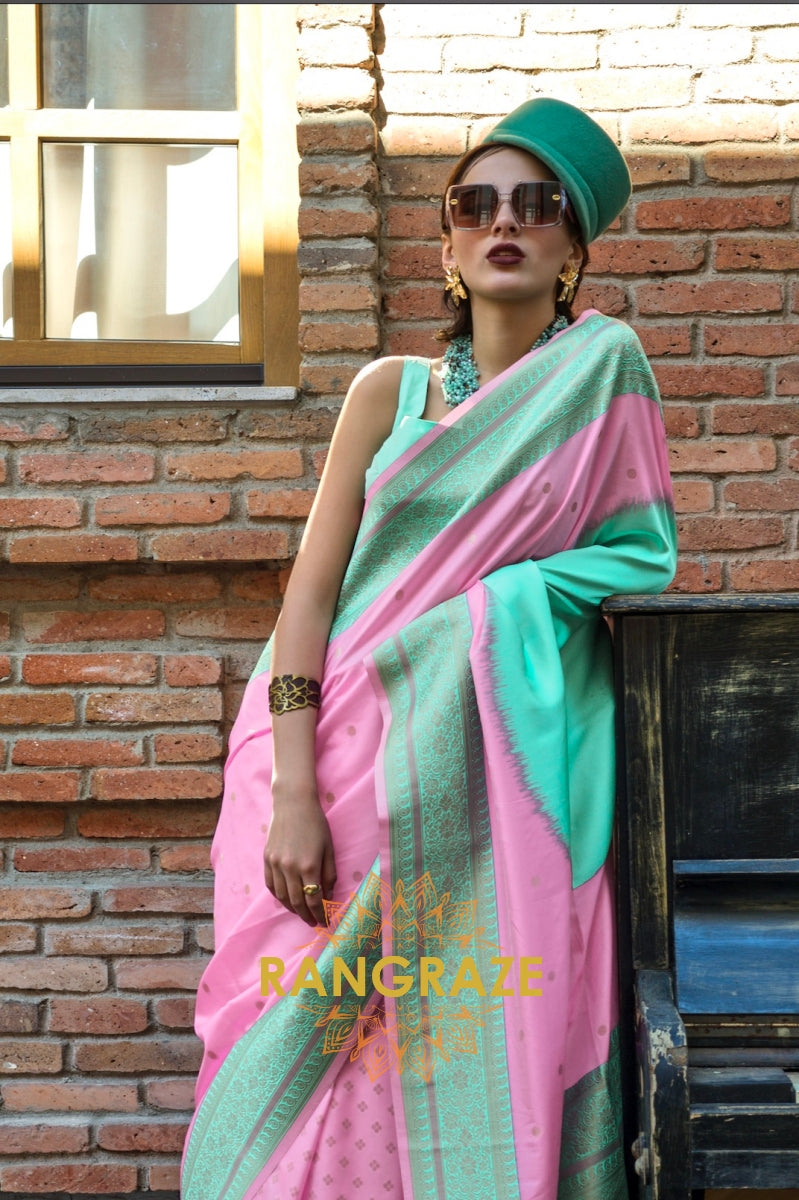 Blush Pink and Green Woven Banarasi Silk Saree
