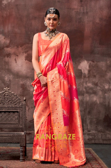 Bright Orange And Magenta Woven Banarasi Silk Saree