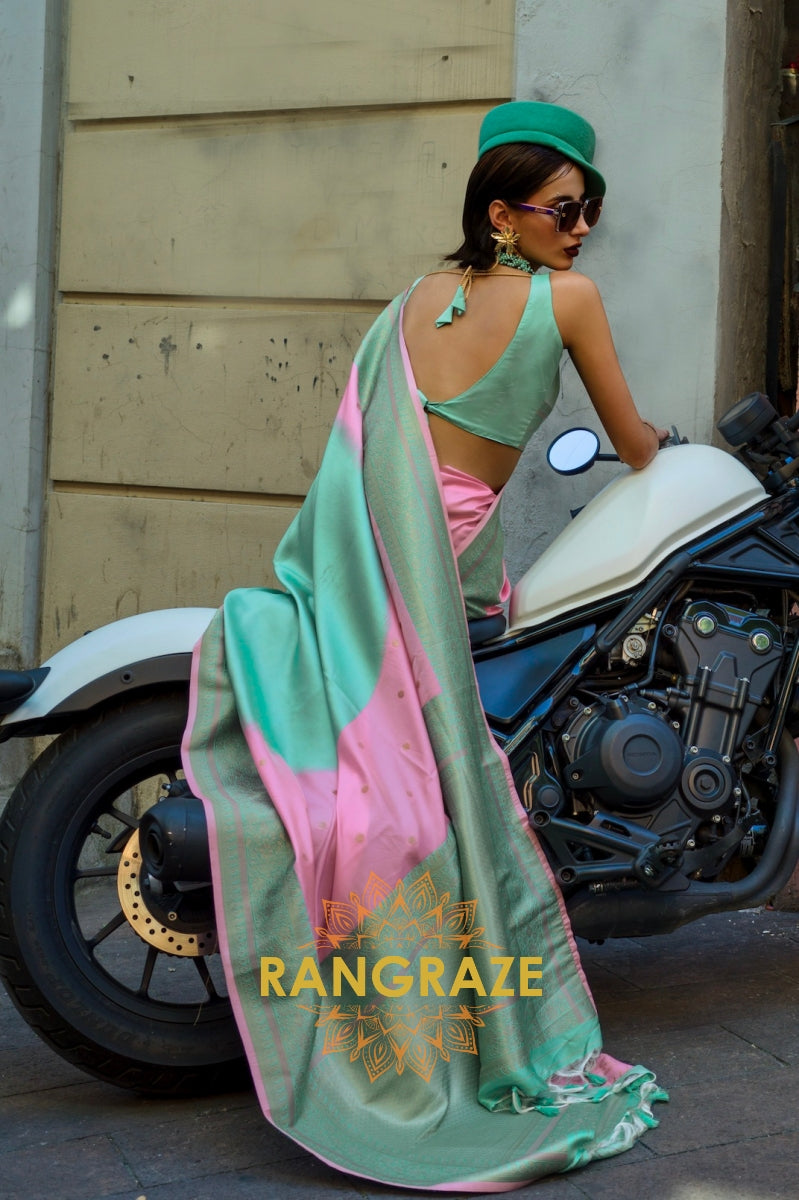 Blush Pink and Green Woven Banarasi Silk Saree