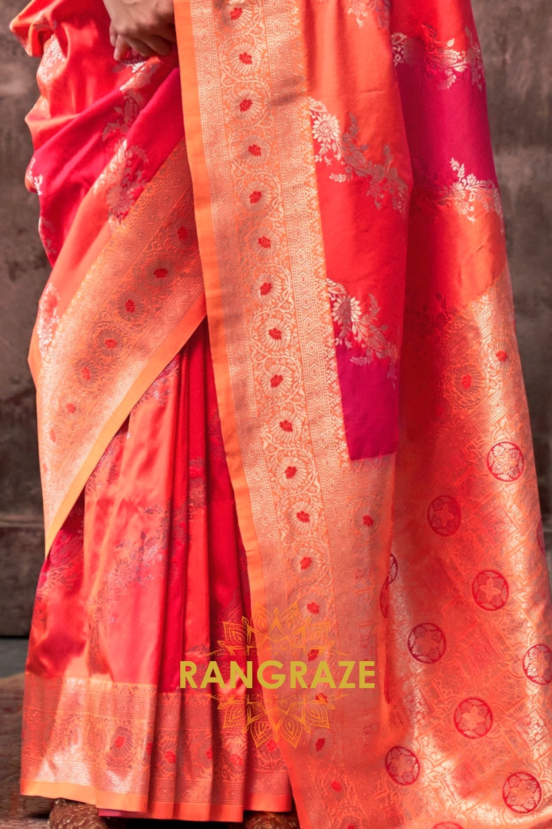 Bright Orange And Magenta Woven Banarasi Silk Saree