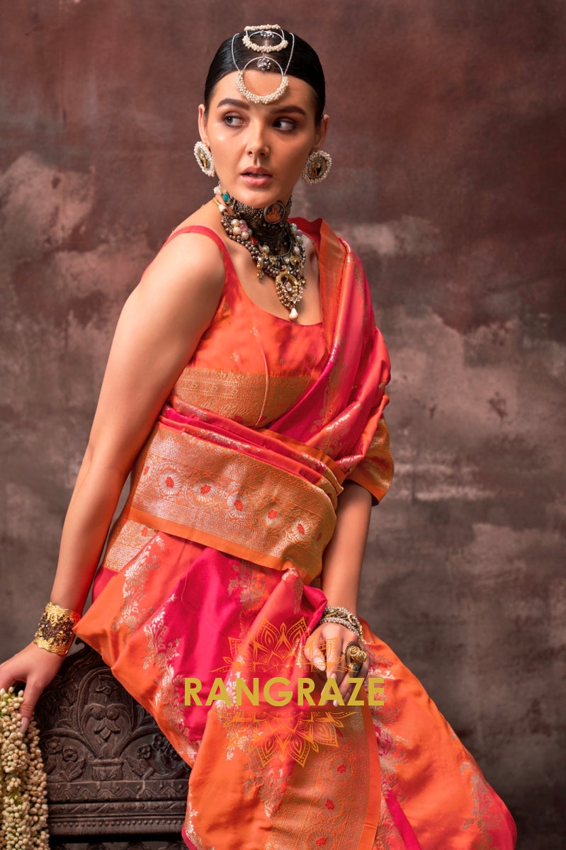 Bright Orange And Magenta Woven Banarasi Silk Saree