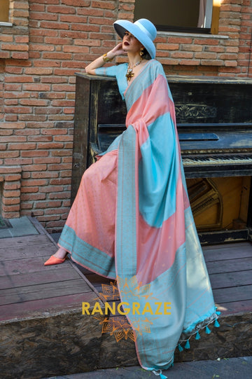 Peach and Sky Blue Woven Banarasi Silk Saree