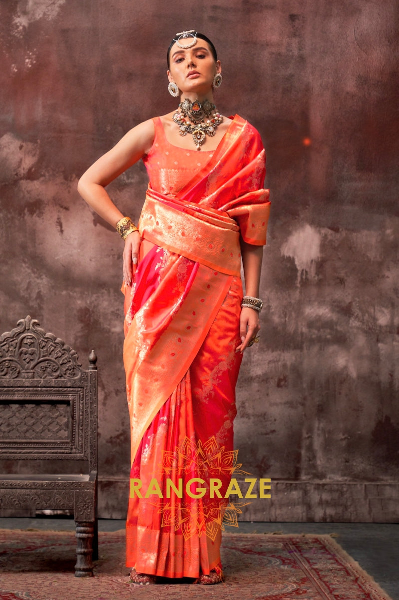 Bright Orange And Magenta Woven Banarasi Silk Saree