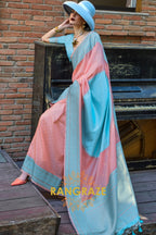 Peach and Sky Blue Woven Banarasi Silk Saree
