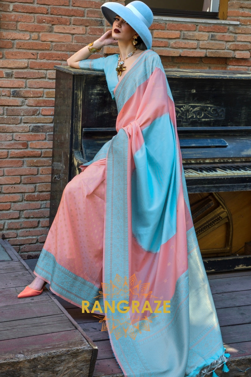 Peach and Sky Blue Woven Banarasi Silk Saree