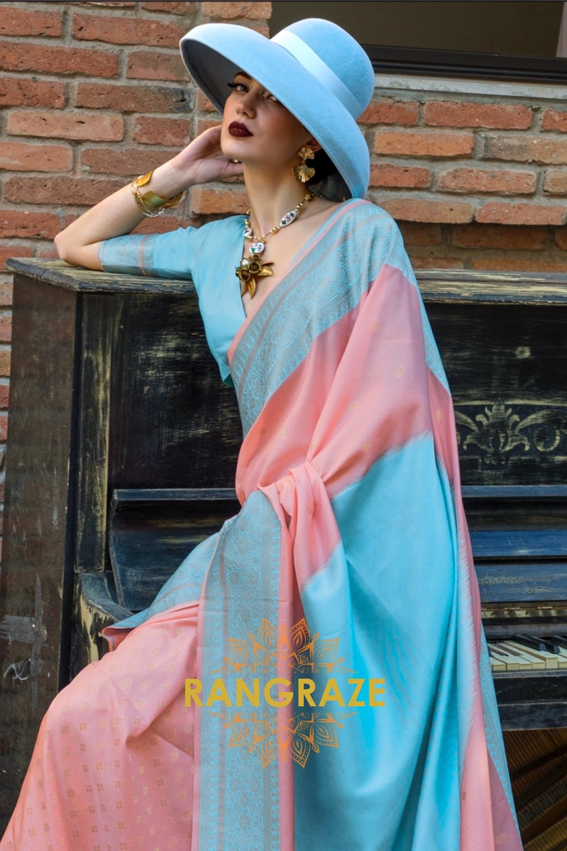Peach and Sky Blue Woven Banarasi Silk Saree