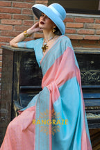 Peach and Sky Blue Woven Banarasi Silk Saree