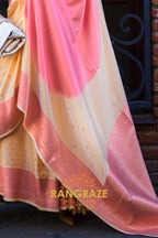 Golden Cream and Pink Woven Banarasi Silk Saree