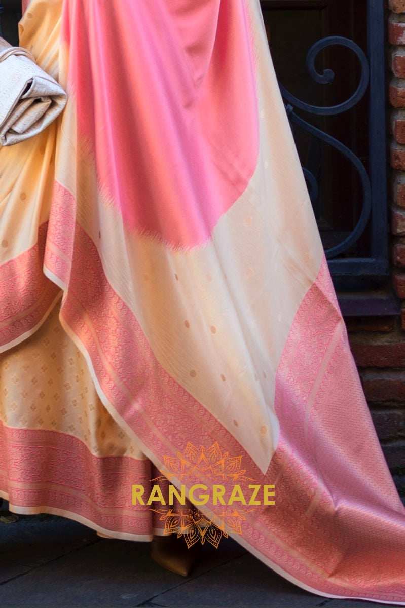 Golden Cream and Pink Woven Banarasi Silk Saree