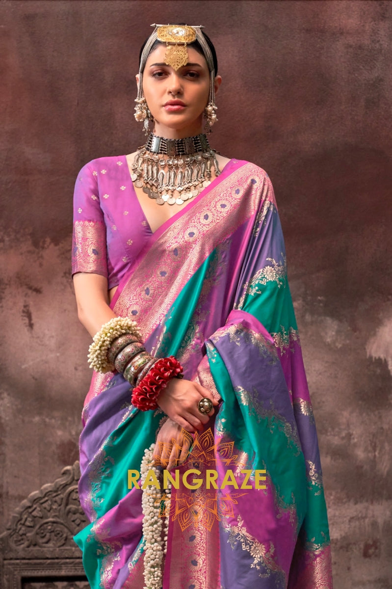 Teal Green And Purple Woven Banarasi Silk Saree