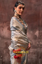 Grey And Off White Woven Banarasi Silk Saree