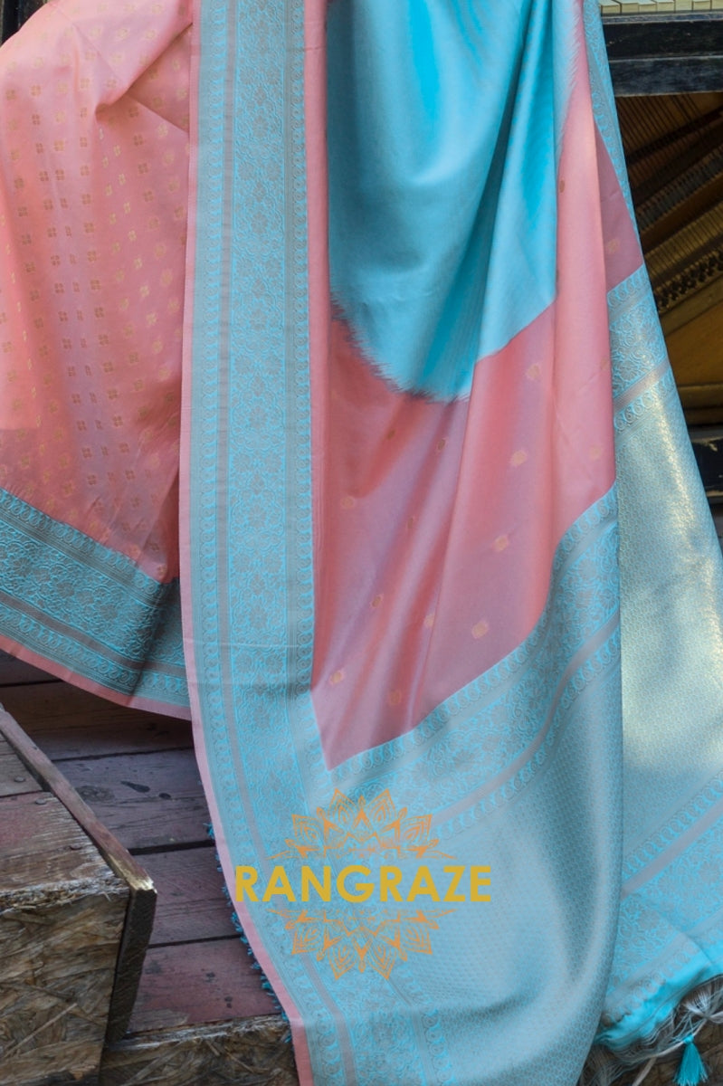 Peach and Sky Blue Woven Banarasi Silk Saree